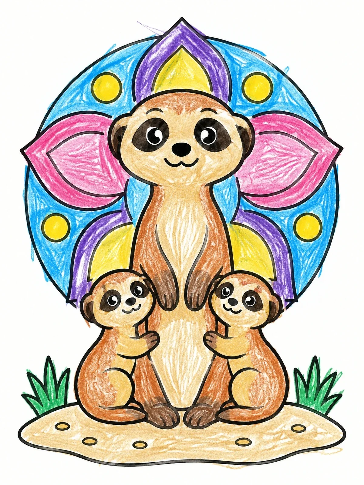 Colored example of the Meerkat Family With Floral Backdrop coloring page