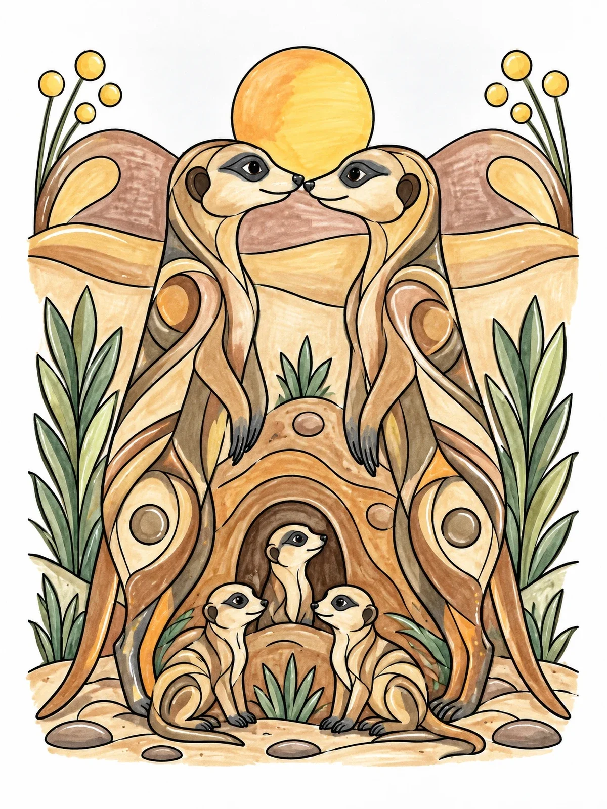 Colored example of the Meerkat Pair And Family Burrow coloring page