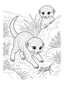Free printable Playful Meerkat Pup And Grasshopper coloring page