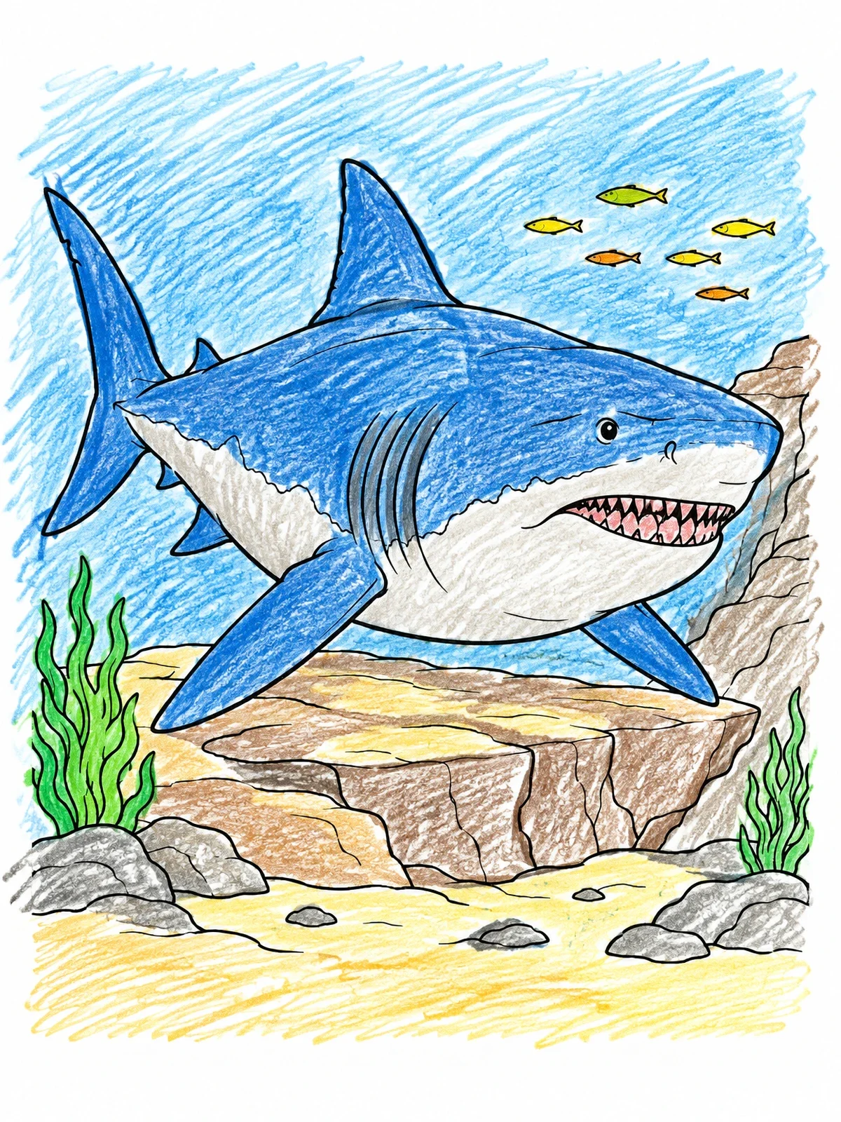 Colored example of the Megalodon Above The Ocean Floor coloring page