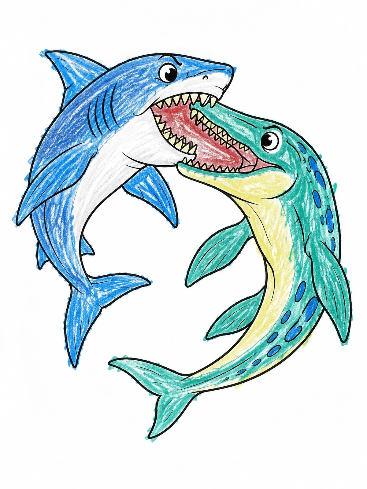 Colored example of the Megalodon And Mosasaurus Underwater Clash coloring page