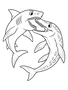 Free printable Megalodon And Mosasaurus Underwater Clash coloring page