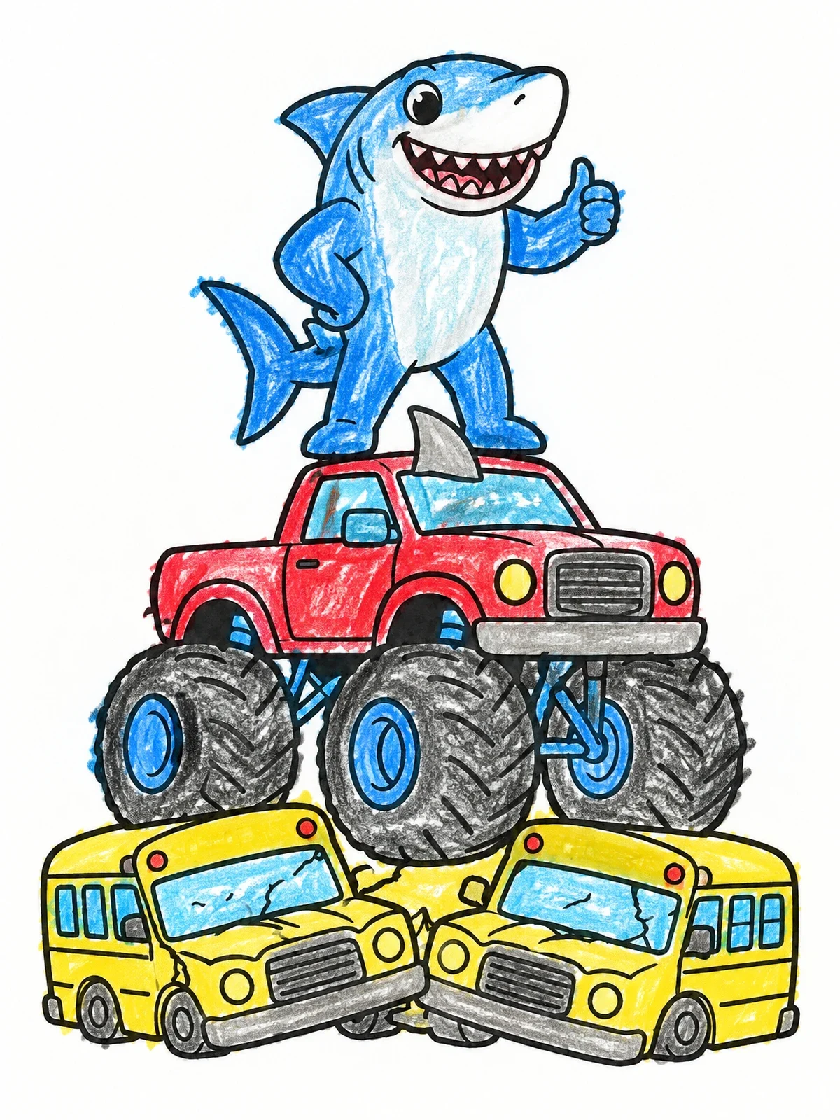 Colored example of the Cartoon Shark On A Monster Truck coloring page