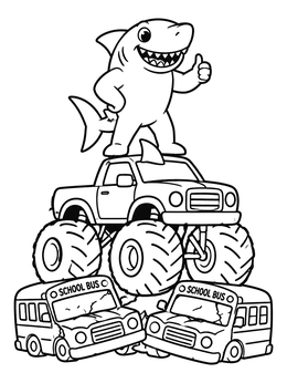 Free printable Cartoon Shark On A Monster Truck coloring page