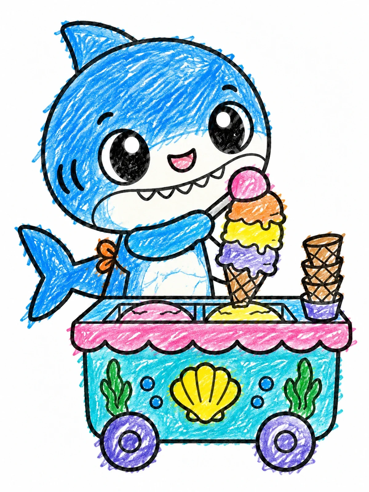 Colored example of the Cute Shark Scooping Ice Cream coloring page