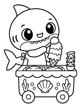 Free printable Cute Shark Scooping Ice Cream coloring page