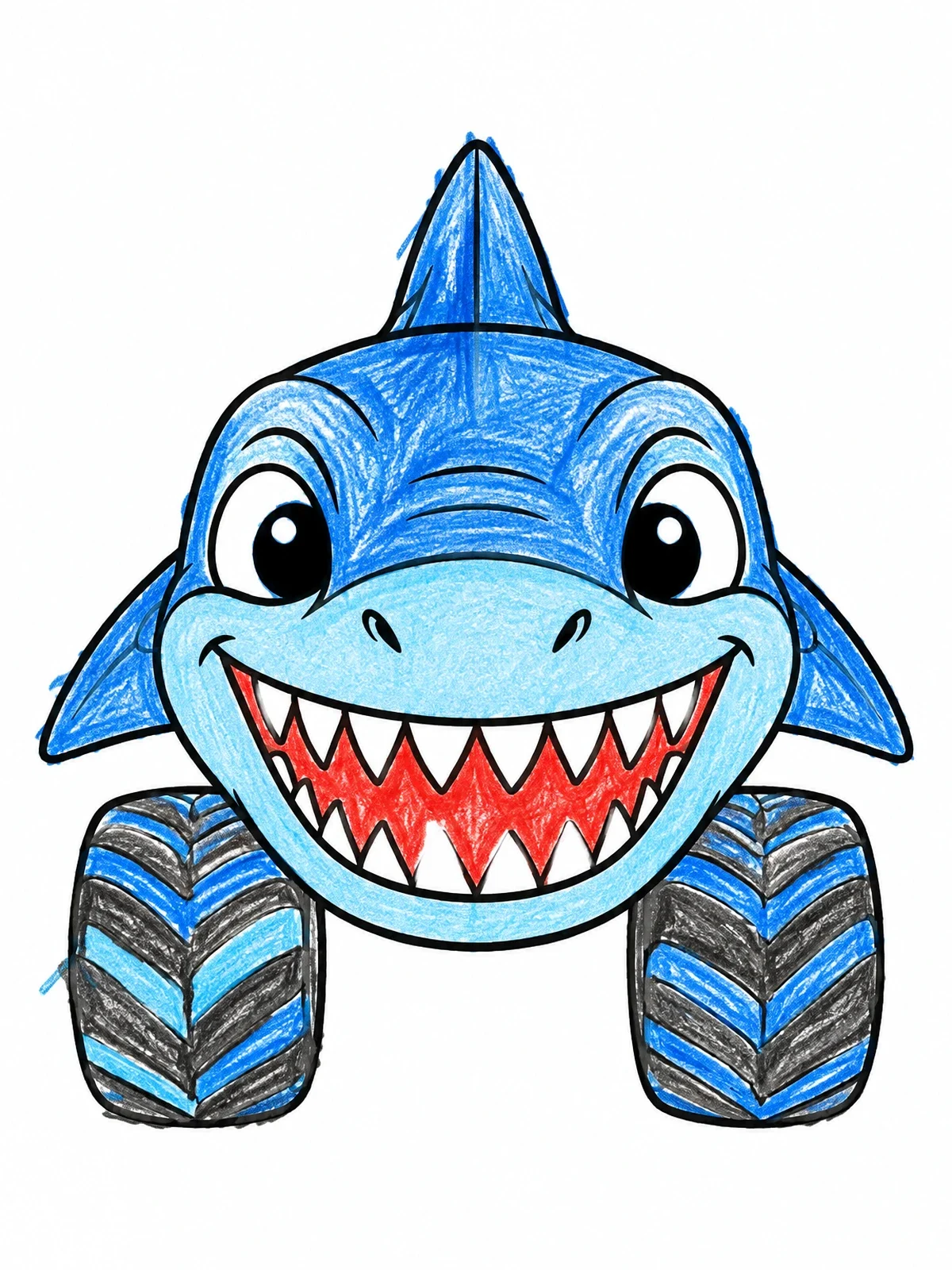 Colored example of the Cute Shark Monster Truck coloring page