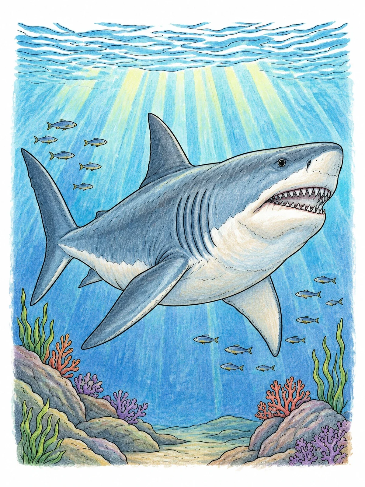 Colored example of the Megalodon Gliding Through Ocean Sunbeams coloring page
