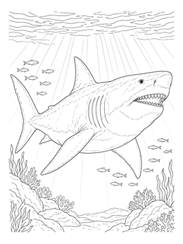 Free printable Megalodon Gliding Through Ocean Sunbeams coloring page