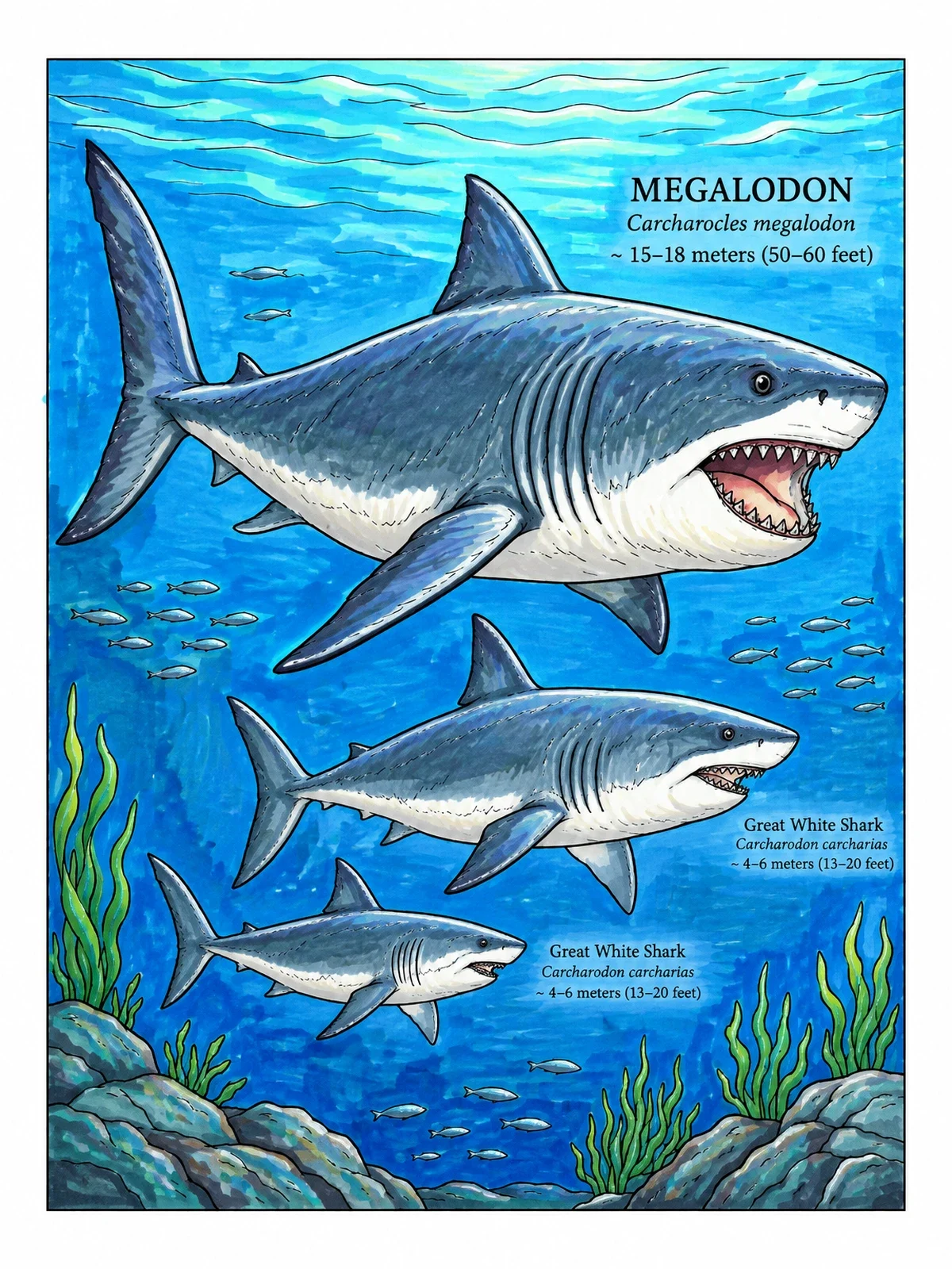 Colored example of the Megalodon And Great White Shark Comparison coloring page