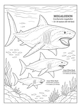 Free printable Megalodon And Great White Shark Comparison coloring page