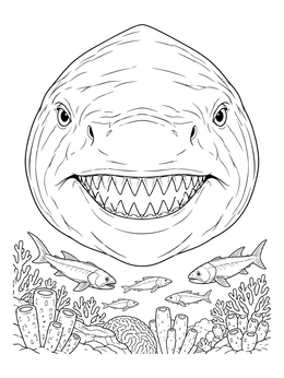Free printable Megalodon Head Above Prehistoric Reef coloring page