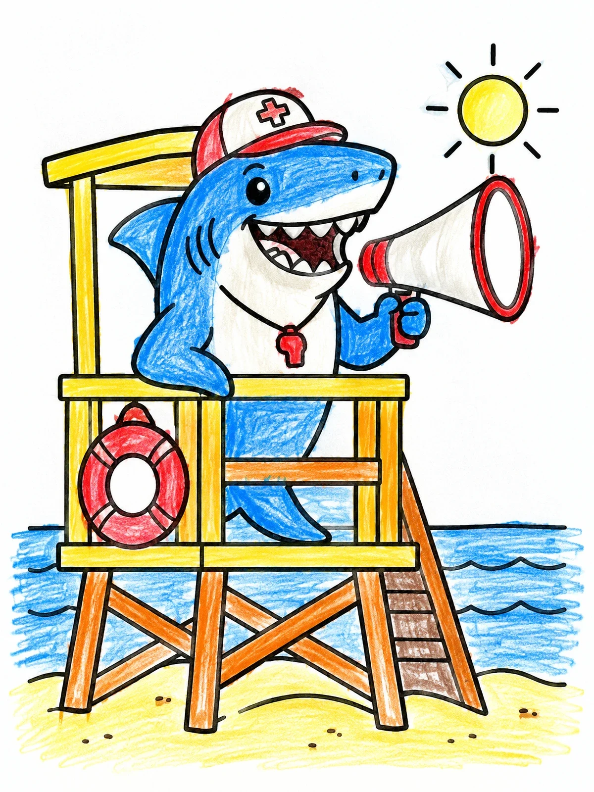 Colored example of the Lifeguard Shark With Megaphone coloring page
