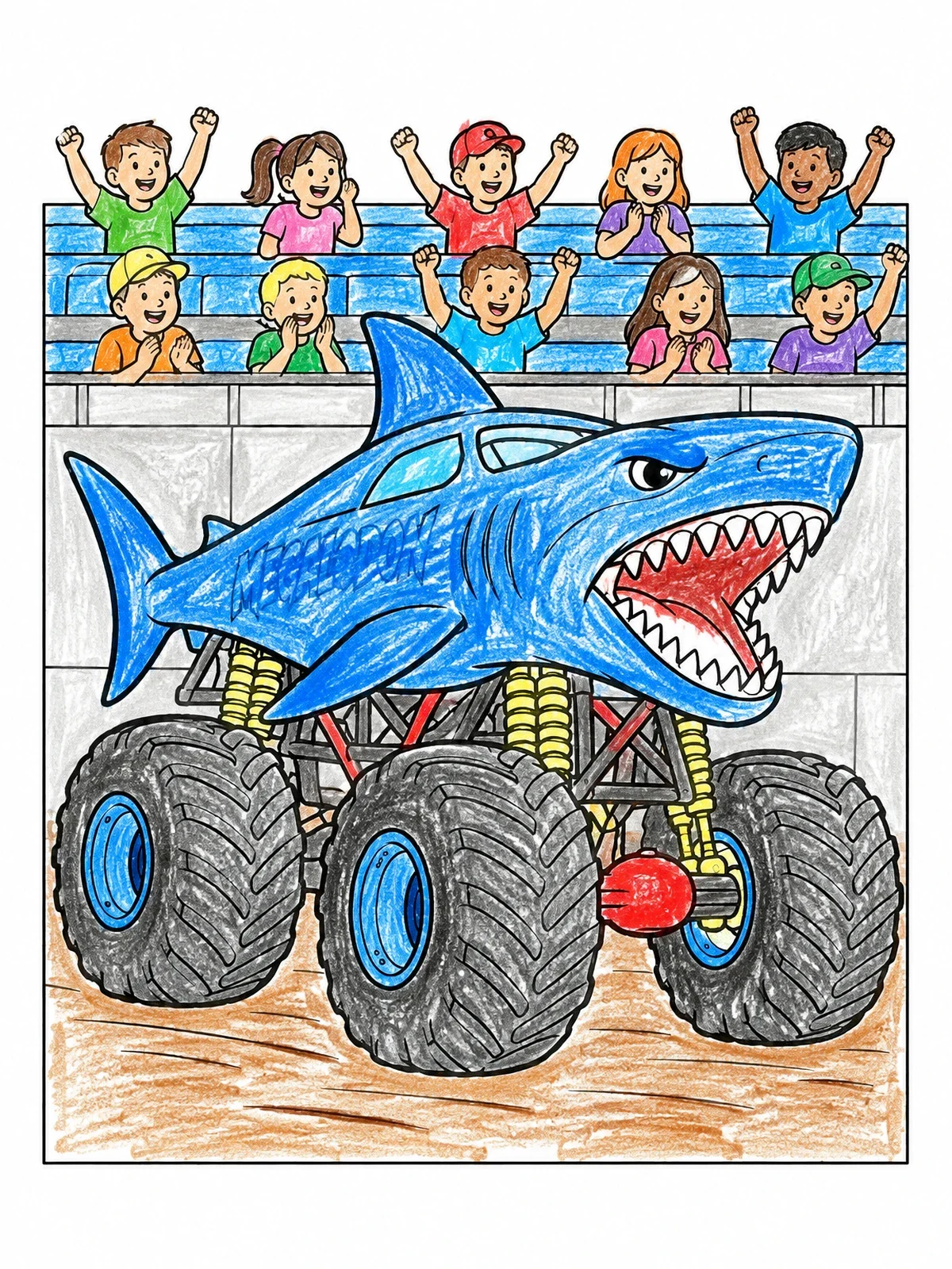 Colored example of the Megalodon Monster Truck In The Arena coloring page