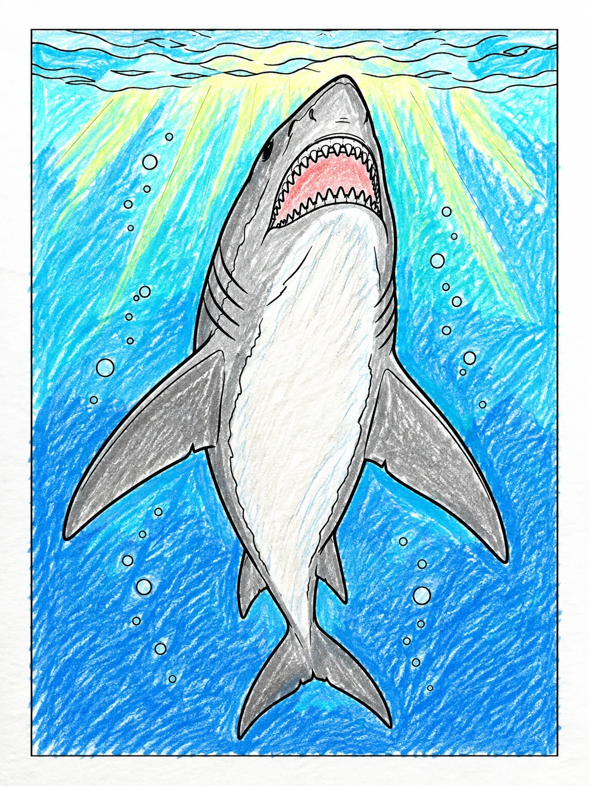 Colored example of the Megalodon Rising To Sunlit Waters coloring page