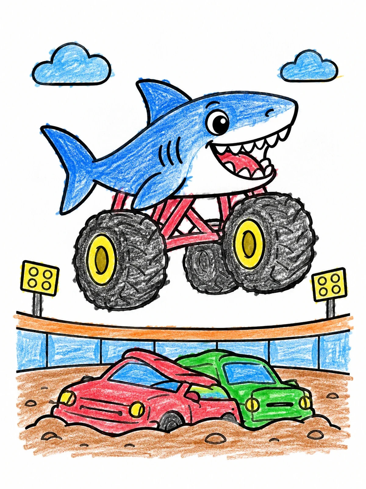 Colored example of the Shark Monster Truck Arena Jump coloring page