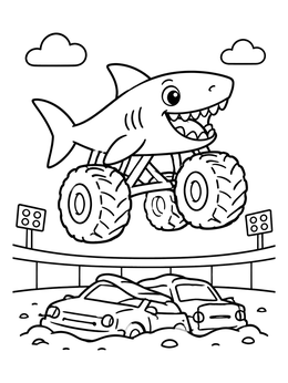 Free printable Shark Monster Truck Arena Jump coloring page