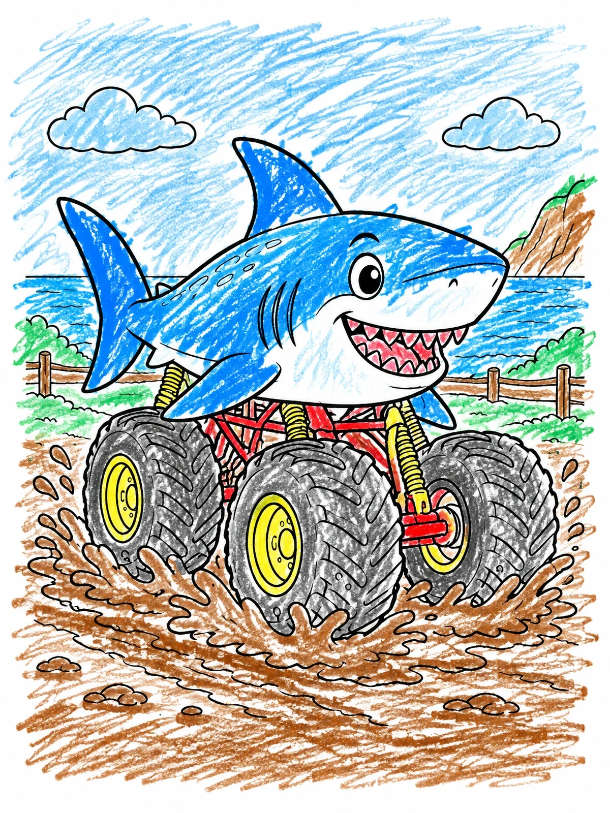 Colored example of the Shark Monster Truck Splashing Mud coloring page