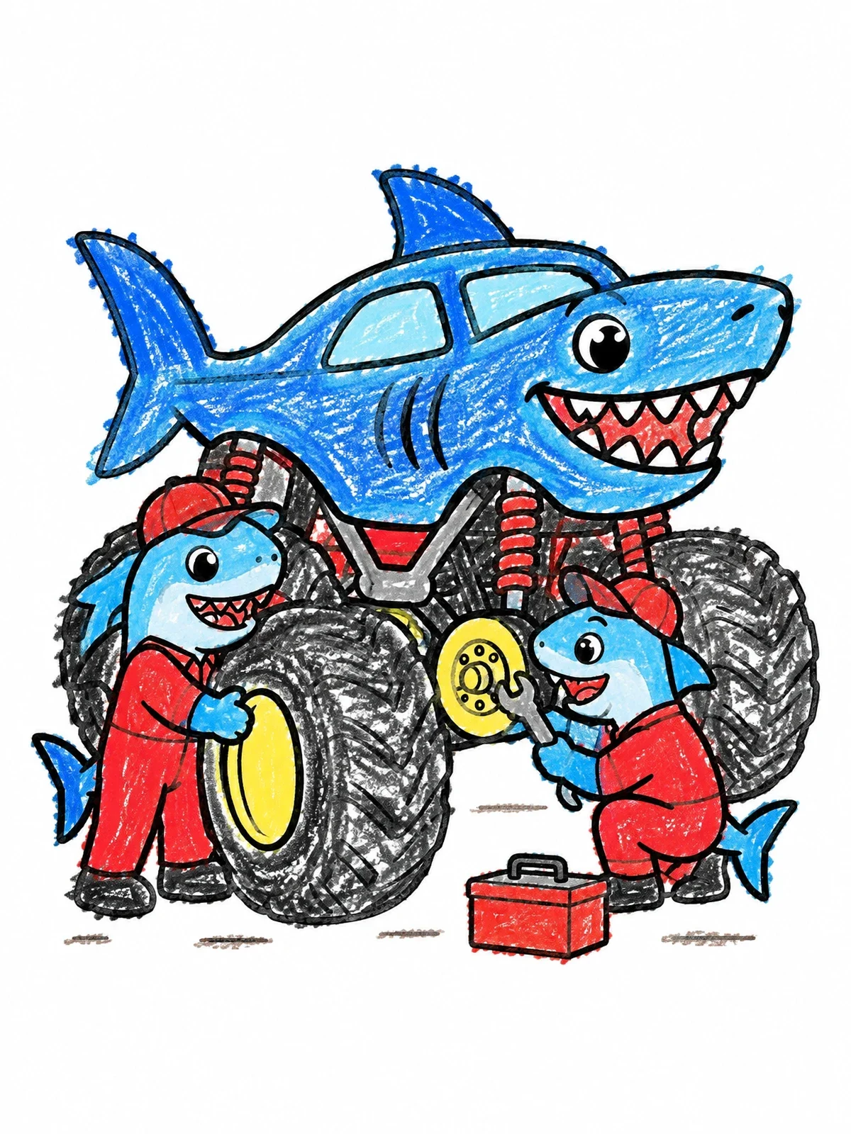 Colored example of the Shark Monster Truck Pit Crew coloring page