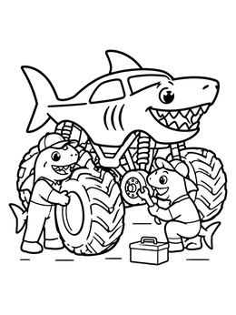 Free printable Shark Monster Truck Pit Crew coloring page