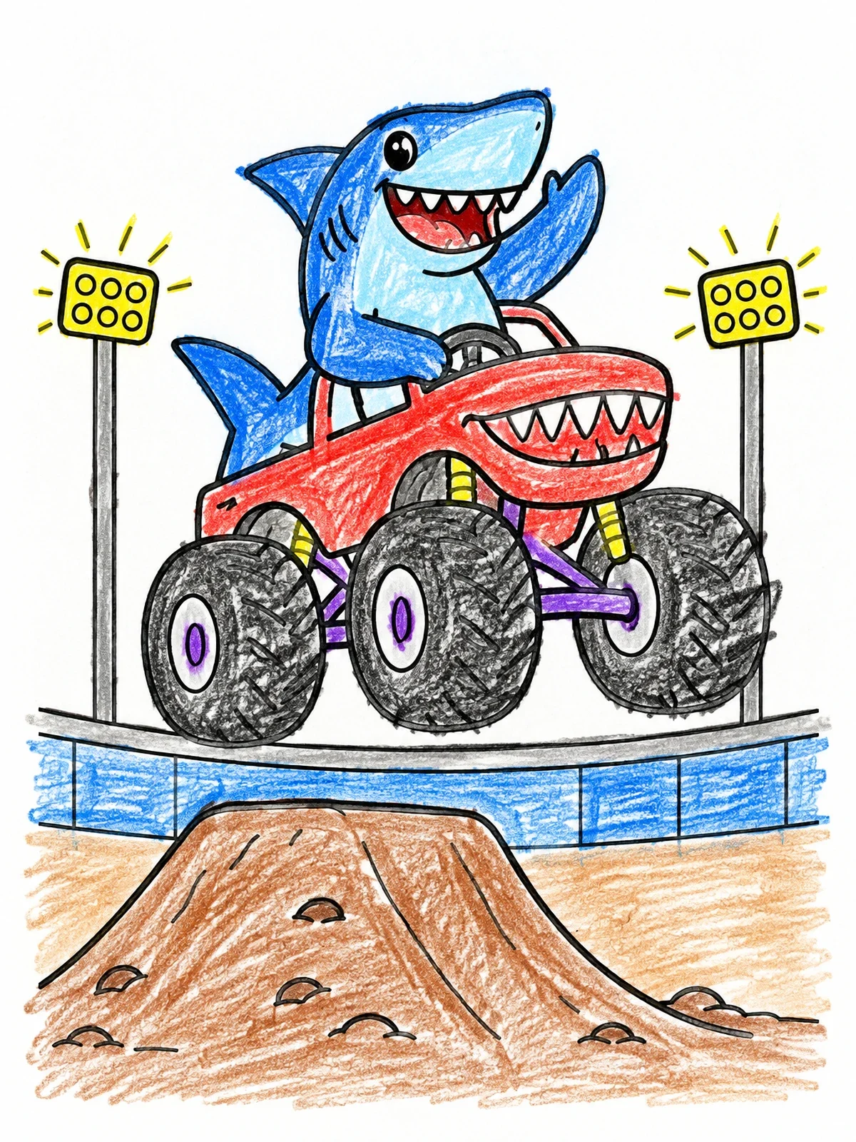 Colored example of the Shark Monster Truck Stadium Jump coloring page