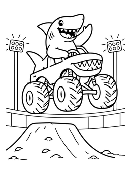 Free printable Shark Monster Truck Stadium Jump coloring page