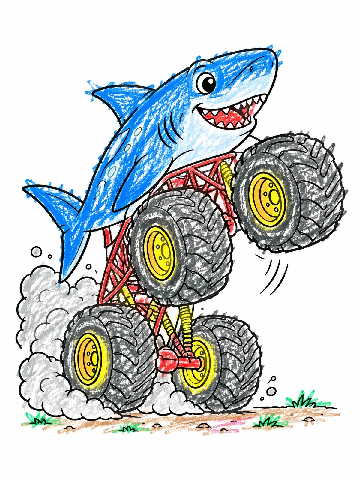Colored example of the Shark Monster Truck Doing A Wheelie coloring page