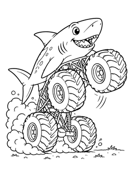 Free printable Shark Monster Truck Doing A Wheelie coloring page