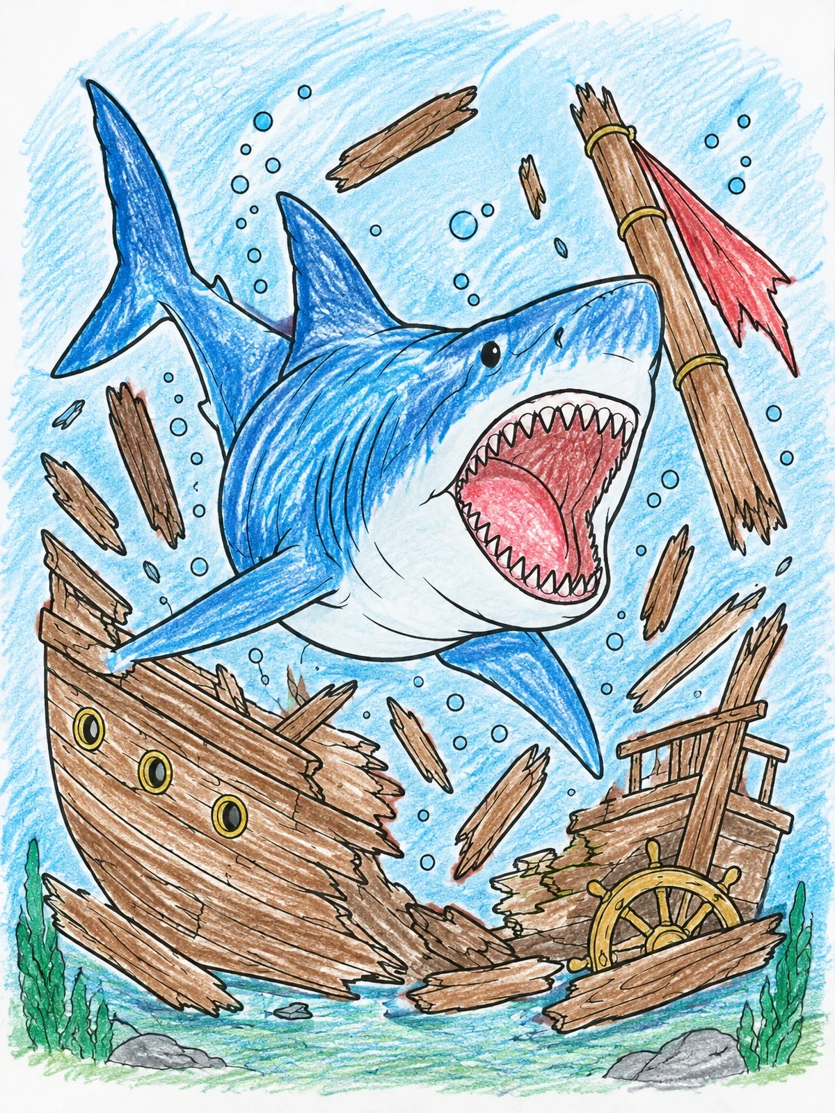 Colored example of the Megalodon Crashing Through Sunken Shipwreck coloring page