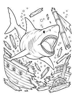 Free printable Megalodon Crashing Through Sunken Shipwreck coloring page