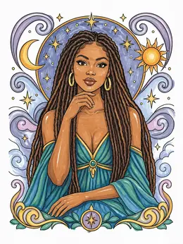 Celestial Woman With Long Braids – Melanin Coloring Page