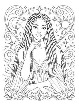 A celestial melanin coloring page showing an elegant woman with long braids surrounded by stars.