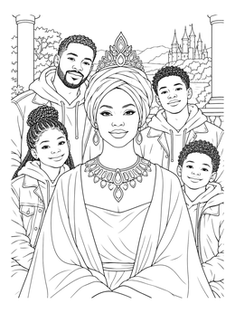 Royal mother with a crown and her family in a melanin coloring page.