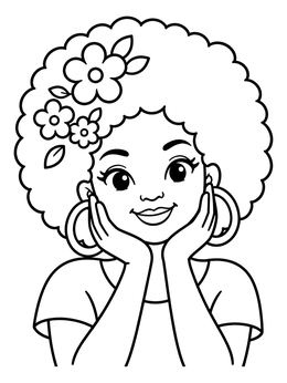 Free printable Smiling Girl With Afro And Flowers coloring page