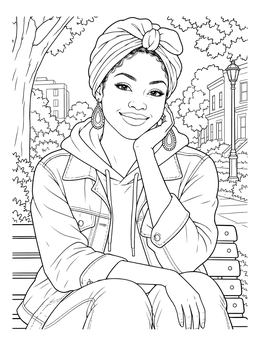 A smiling woman with headscarf on a bench in this melanin coloring page.