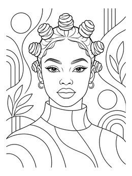 A woman styled with Bantu knots and hoop earrings features in this melanin coloring page.