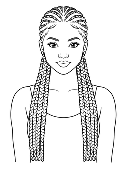 A melanin coloring page featuring a smiling young woman with detailed cornrows and braided hair.