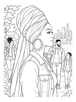 A woman wearing an elegant headwrap and hoop earrings features in this melanin coloring page.