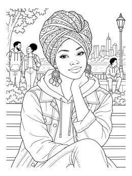 A stylish woman in a headwrap sits outside in this melanin coloring page.