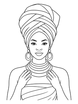 A melanin coloring page featuring an elegant woman in a tall headwrap and layered necklaces.