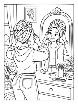 Free printable Young Woman Styling Her Headwrap coloring page