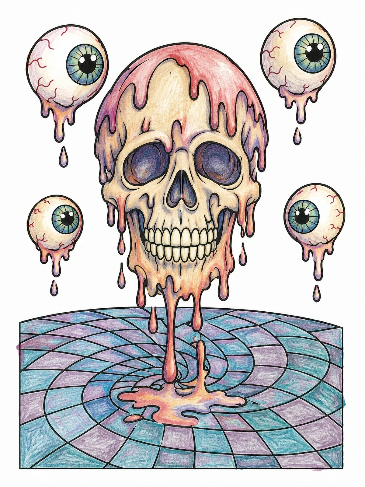 Colored example of the Melting Skull With Floating Eyeballs coloring page