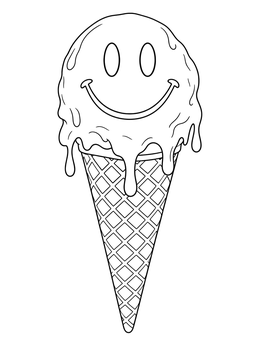 A melting smiley faces coloring page featuring an ice cream scoop on a waffle cone.