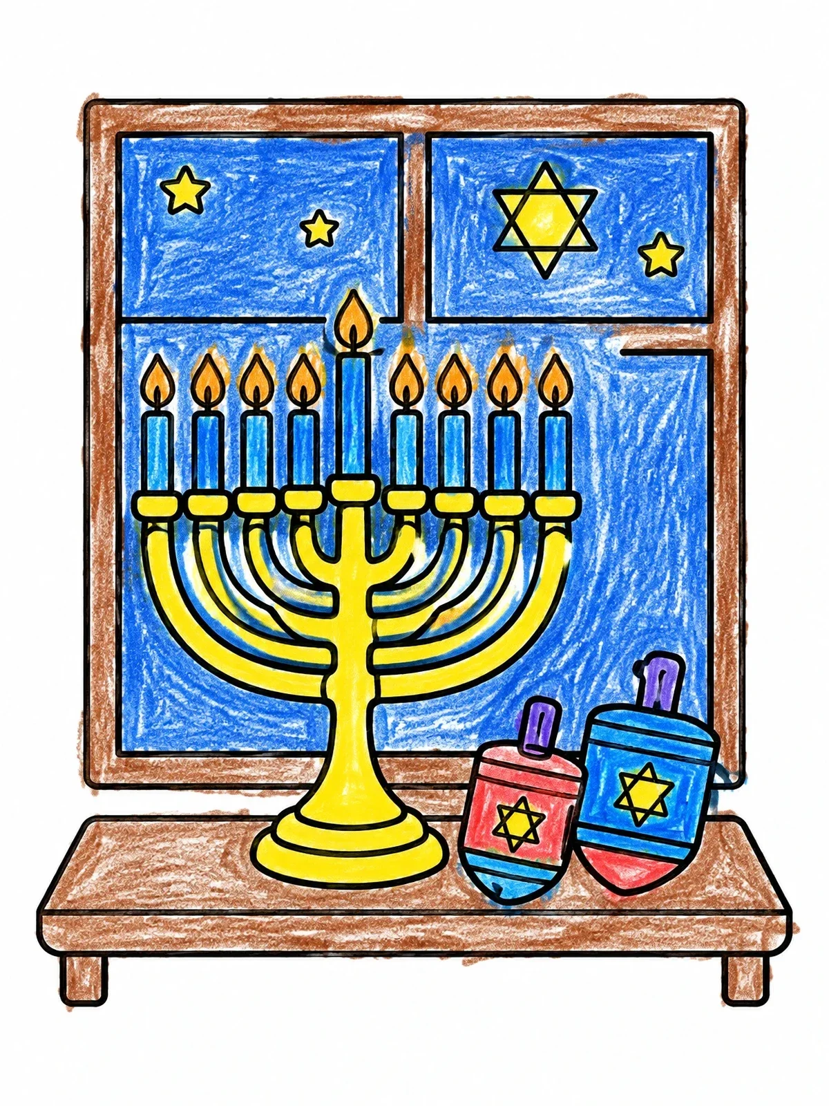 Colored example of the Menorah And Dreidels By Window coloring page