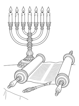 A detailed menorah coloring page featuring lit candles beside an open Torah scroll and pointer.