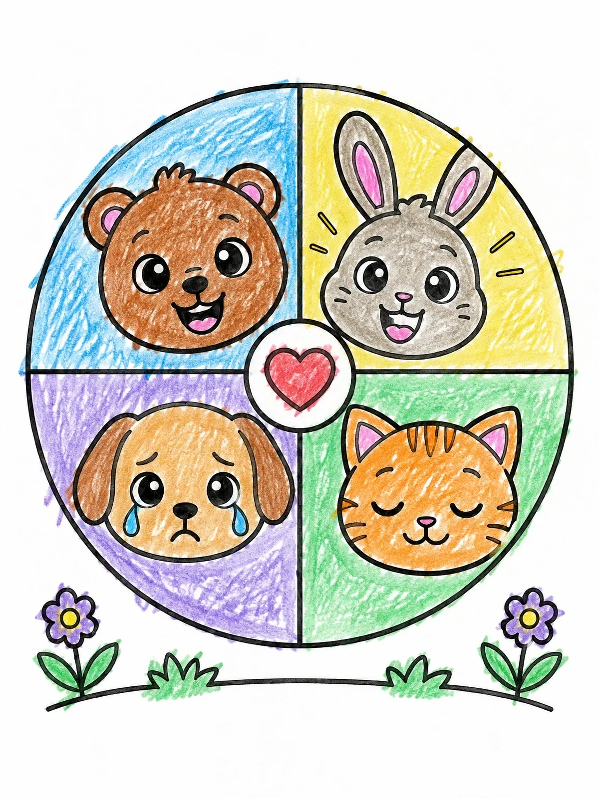Colored example of the Animal Emotions Wheel With Cute Faces coloring page
