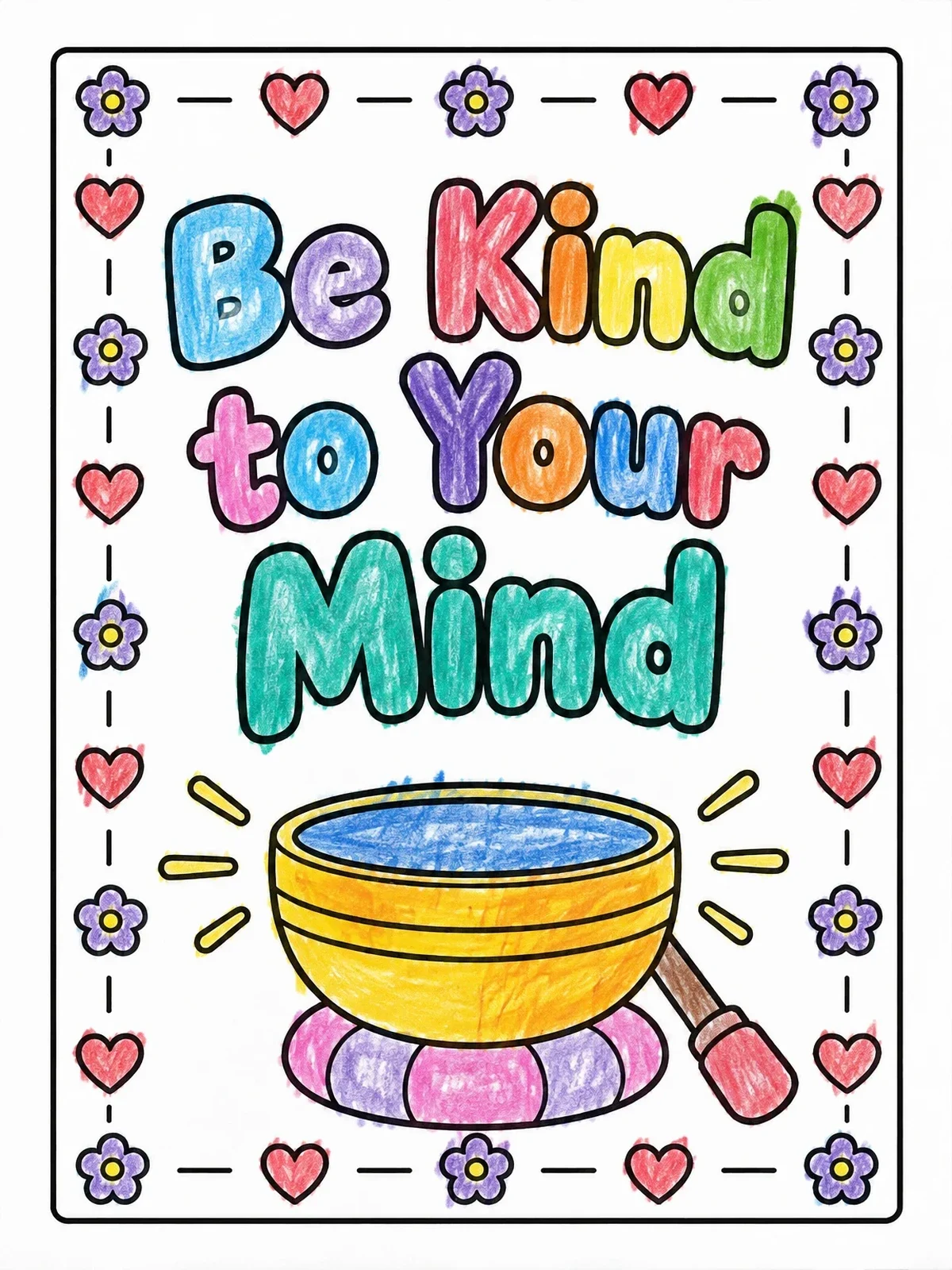 Colored example of the Be Kind Singing Bowl Design coloring page