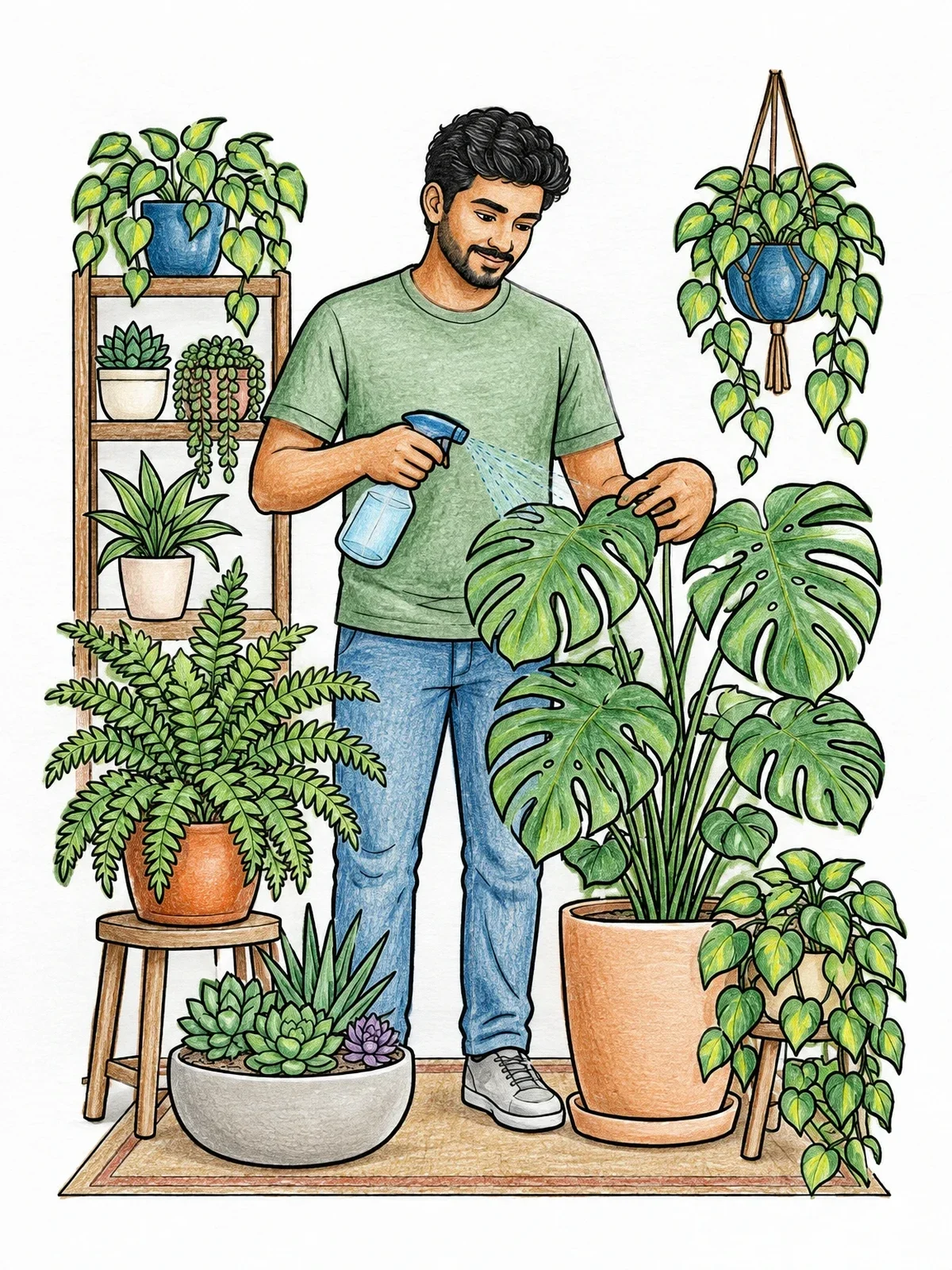 Colored example of the Caring For Lush Houseplants coloring page