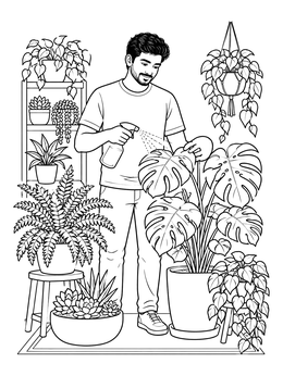 A man misting indoor plants in a calming mental health coloring page.
