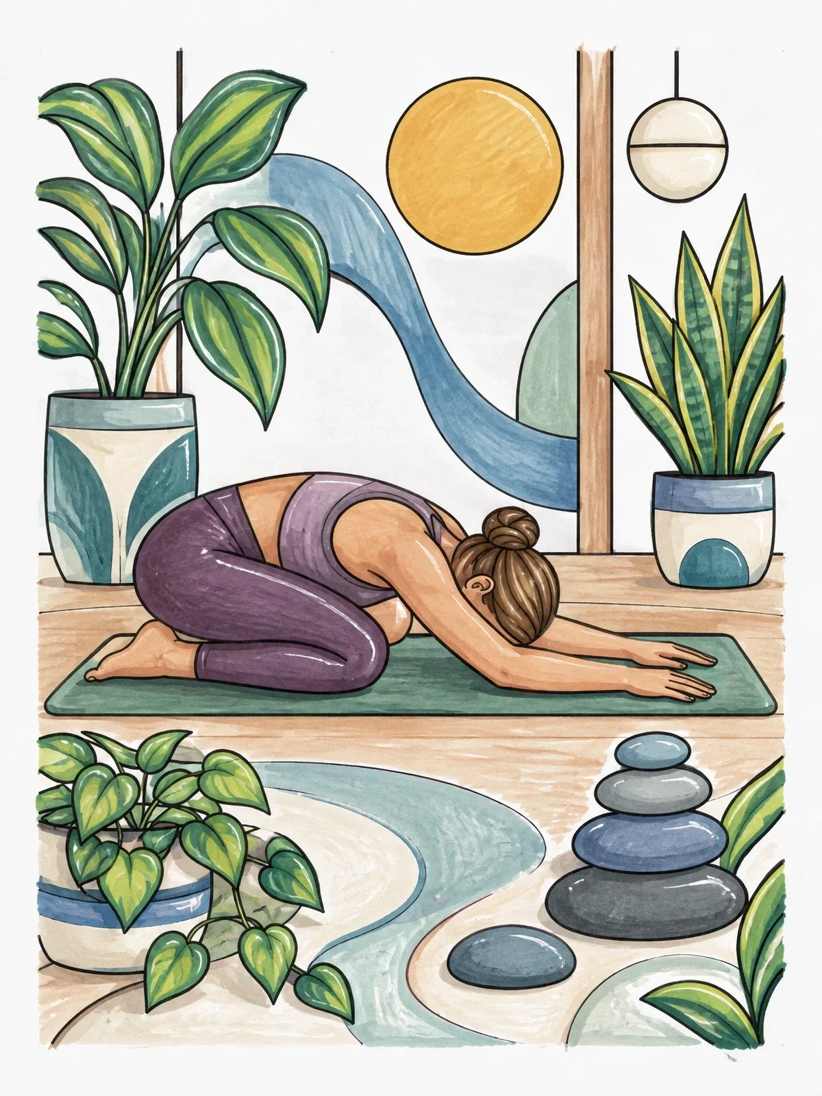 Colored example of the Child's Pose Yoga Mindfulness coloring page